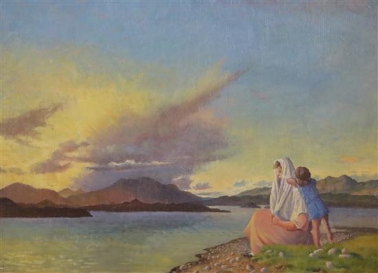 § Sine MacKinnon (1901-1997) Evening sun, mother and child on the shore 15.25 x 21.25in.